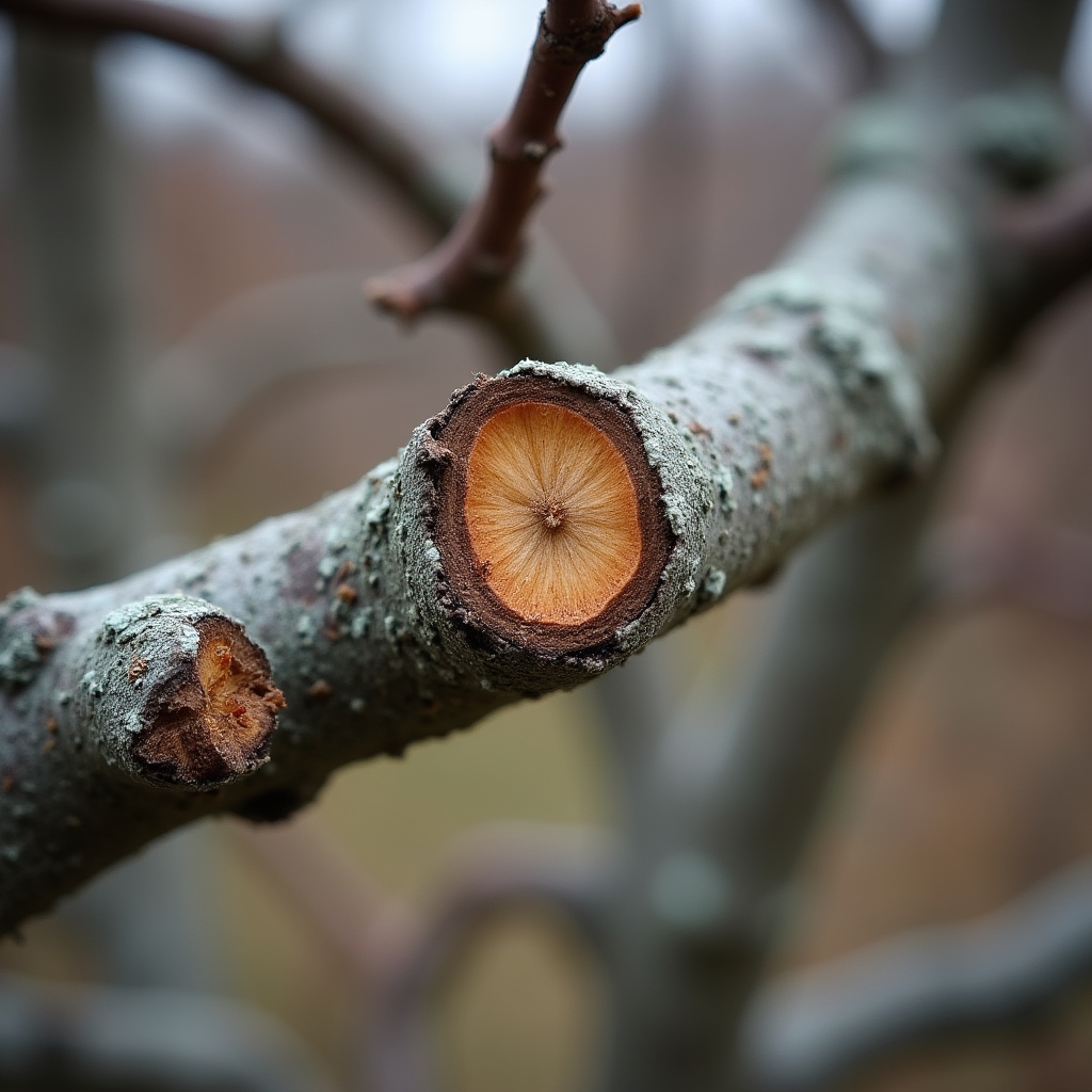 Apfelbaum im Winter mit markierten Schnittästen
