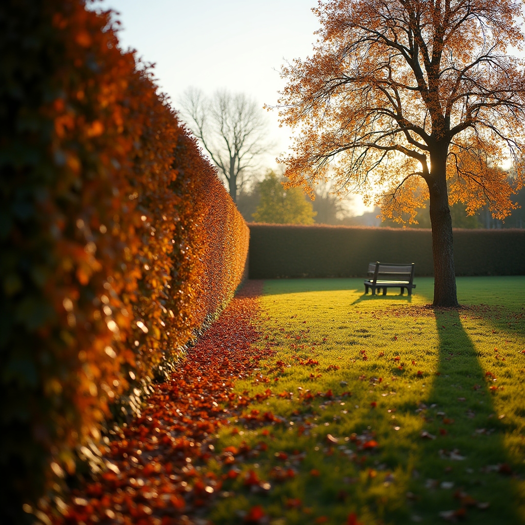 Gepflegte Gartenhecke im Herbst mit warmem Licht