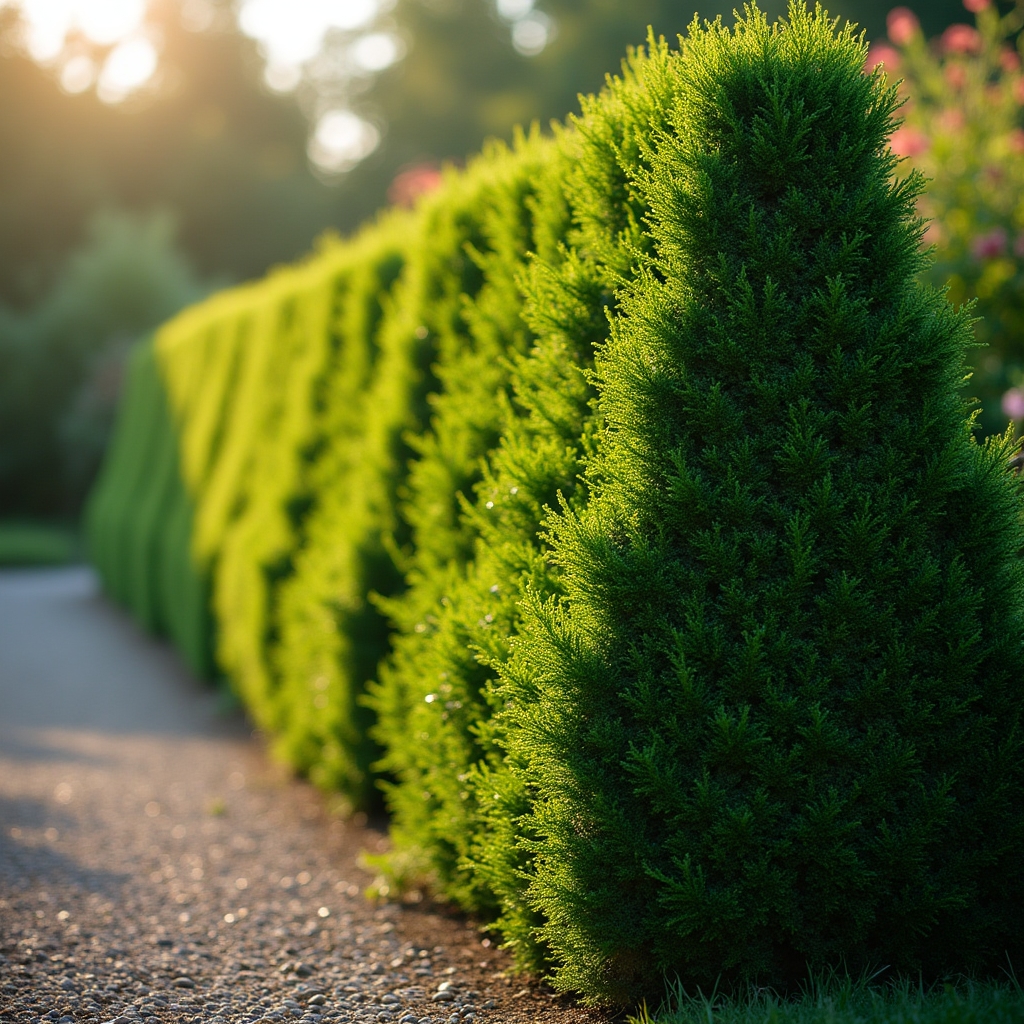Trapezförmig geschnittene Hecke im Garten, gleichmäßige Form